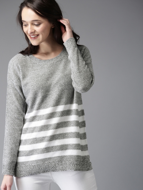 

HERE&NOW Women Grey & White Striped Pullover Sweater