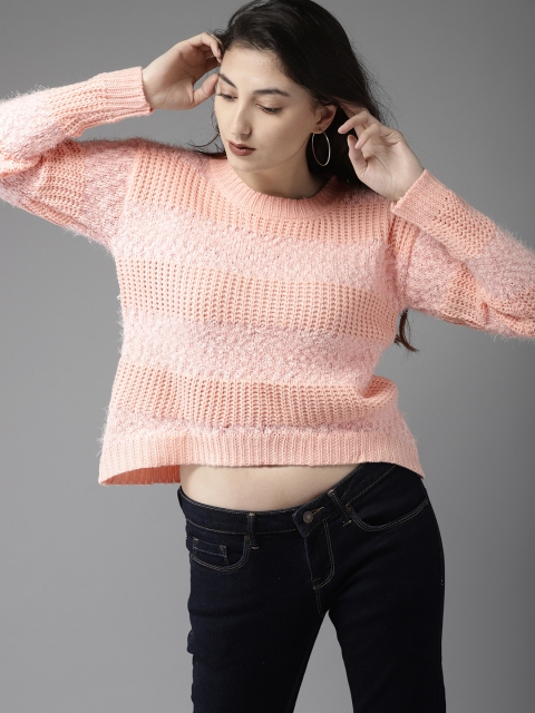 

HERE&NOW Women Peach-Coloured Self-Design Pullover Crop Sweater