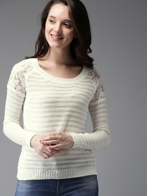 

HERE&NOW Women Off-White Self Striped Pullover