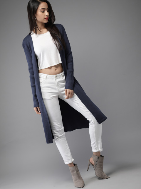 

Moda Rapido Women Teal Blue Solid Longline Front-Open Sweater