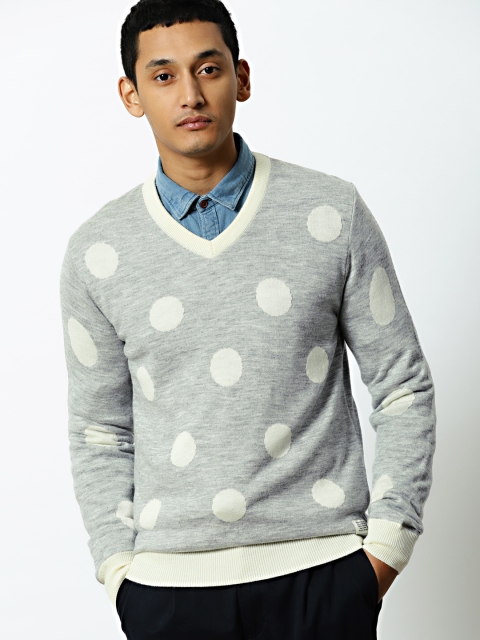 

Mr Bowerbird Men Grey & Cream-Coloured Many Moon Tailored Fit Self Design Pullover