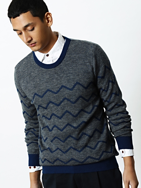

Mr Bowerbird Men Navy Blue Jacquard Printed Pullover