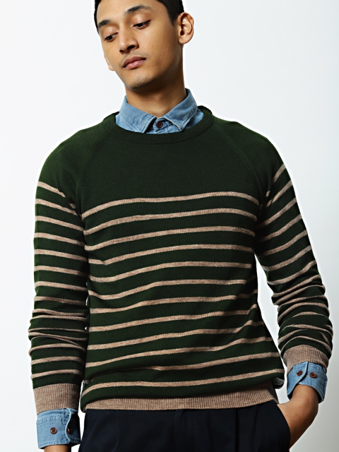 

Mr Bowerbird Men Olive Green & Brown Tailored Fit Striped Piccasso Pullover