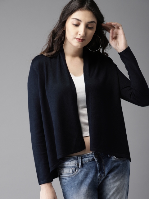 

HERE&NOW Women Navy Blue Solid Front-Open Sweater