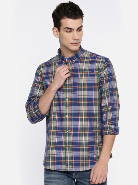 

Blackberrys Men Blue & Green Slim Fit Checked Casual Shirt