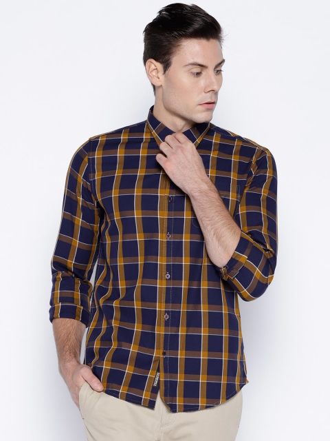 

Blackberrys Men Navy Blue & Mustard Yellow Slim Fit Checked Casual Shirt