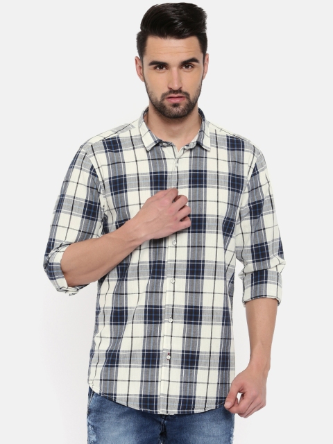 

Blackberrys Men White & Navy Slim Fit Checked Casual Shirt