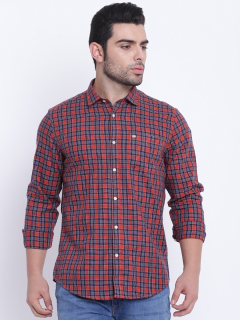 

Blackberrys Men Rust Orange & Navy Blue Slim Fit Checked Casual Shirt