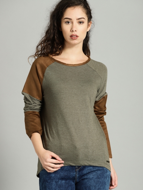 

Roadster Women Olive Green Solid Round Neck T-shirt