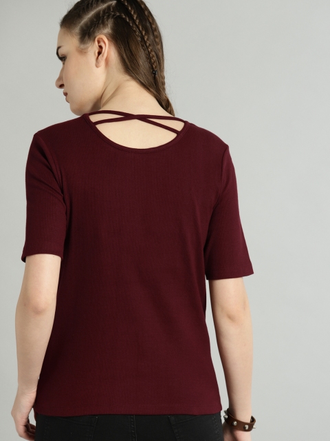 

Roadster Women Maroon Solid Styled Back Pure Cotton Top