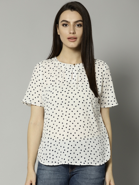 

Marks & Spencer Women White & Navy Blue Polka Dot Print Top