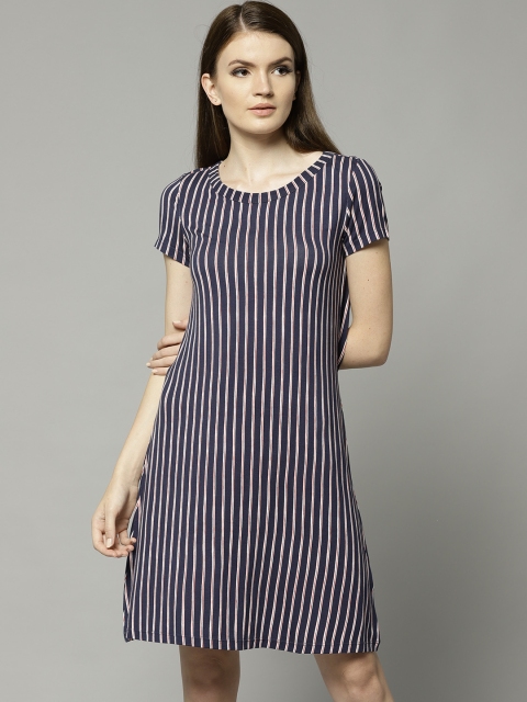 

Marks & Spencer Women Navy & White Striped A-Line Dress, Navy blue