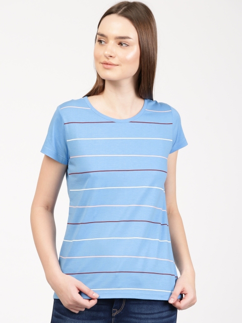 

ether Women Blue Striped Round Neck T-shirt