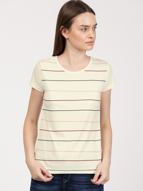 

ether Women Cream-Coloured Striped Round Neck T-shirt
