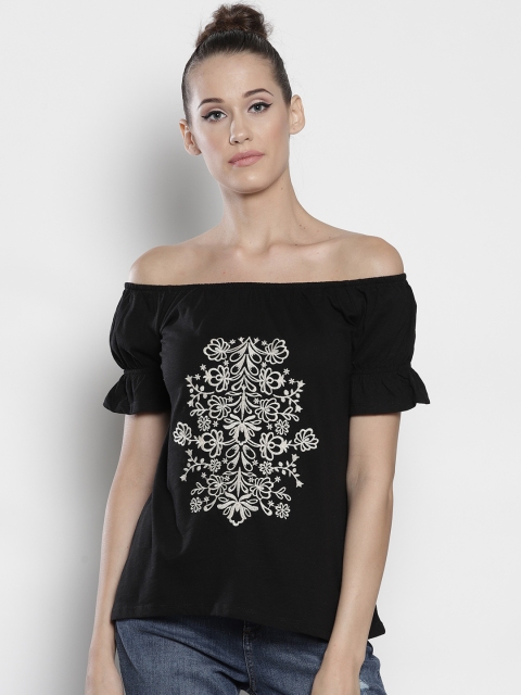 

DOROTHY PERKINS Women Black Embroidered Bardot Top