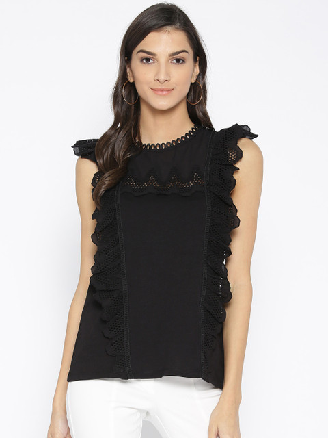

DOROTHY PERKINS Women Black Solid Ruffled Top