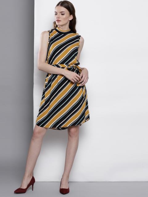 

DOROTHY PERKINS Women Black & Mustard Yellow Striped A-Line Dress