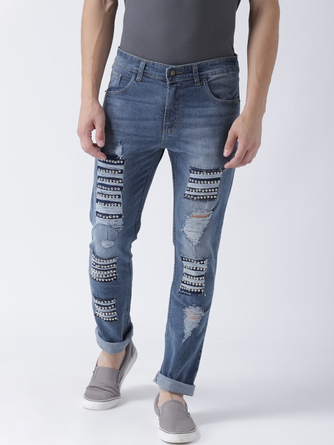 

Estrolo Men Blue Studded Embellished Slim Fit Low Distress Jeans