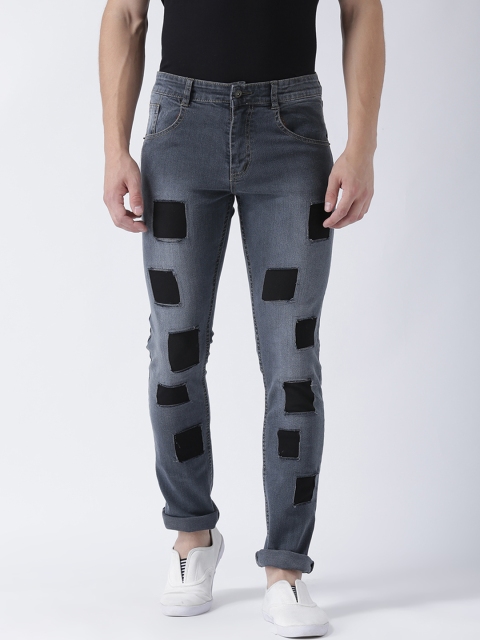 

Estrolo Men Grey & Black Patched Square Cut Low Distress Jeans