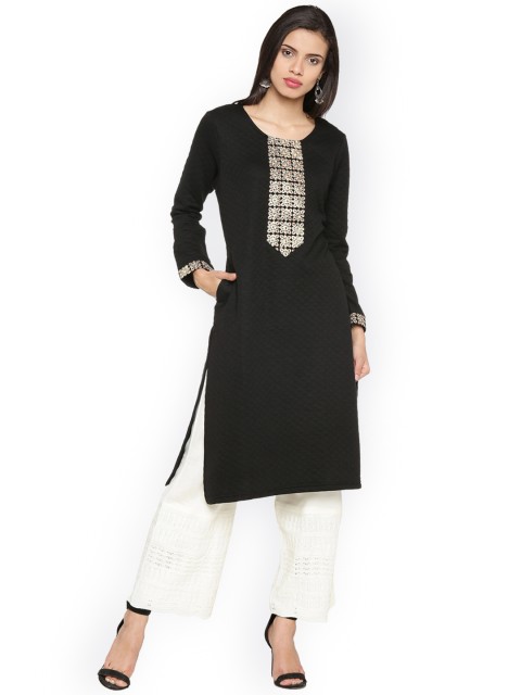 

RANGMANCH BY PANTALOONS Women Black Embroidered A-Line Kurta