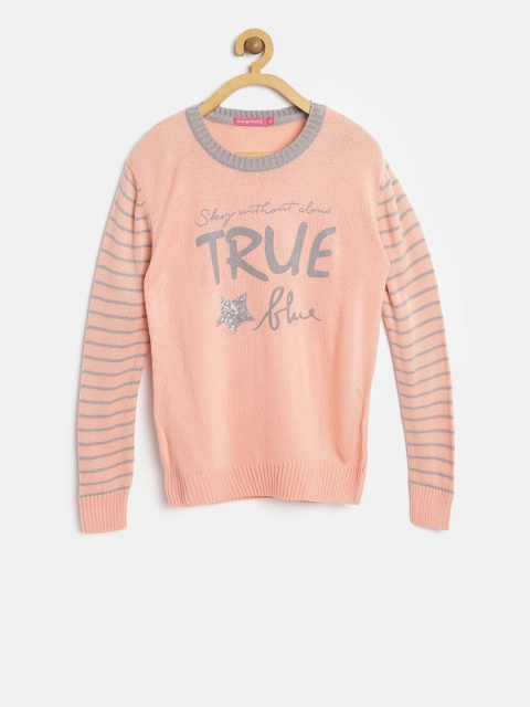 

Wingsfield Girls Peach-Coloured Printed Pullover