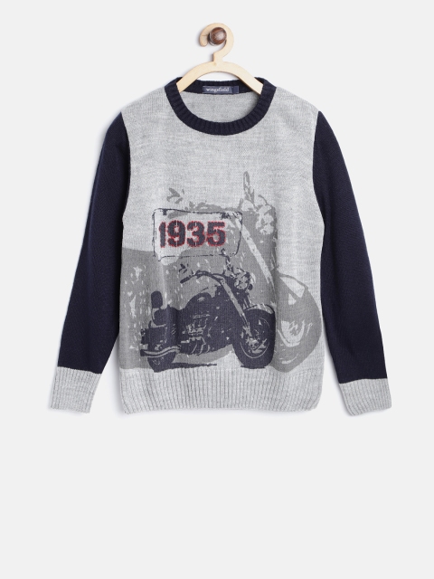 

Wingsfield Boys Grey Melange & Navy Blue Printed Pullover