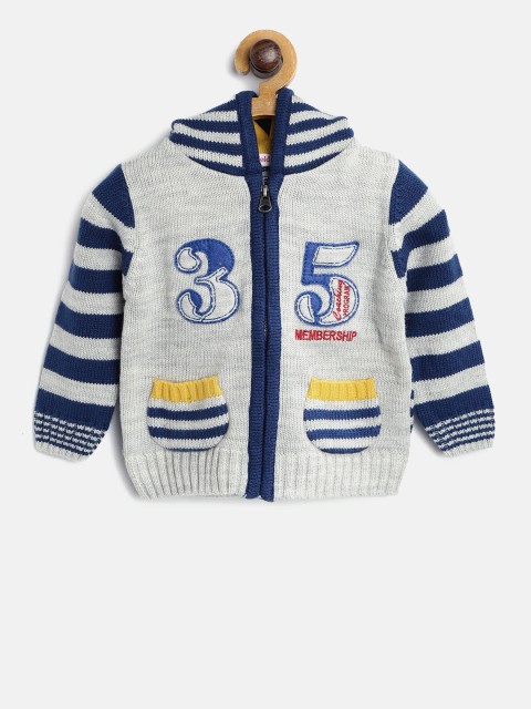

Wingsfield Boys Grey Melange & Blue Applique Striped Cardigan