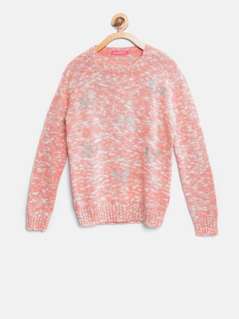 

Wingsfield Girls Peach-Coloured Self Design Pullover with Bow Print