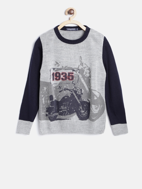 

Wingsfield Boys Grey & Navy Blue Printed Pullover