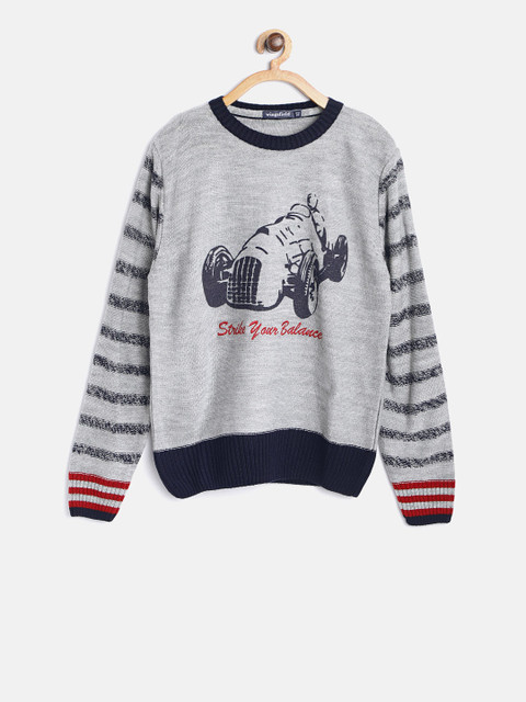 

Wingsfield Boys Grey Melange & Navy Blue Printed Pullover