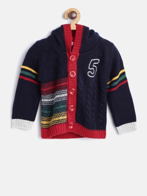 

Wingsfield Boys Navy & Red Self Design Hooded Cardigan, Navy blue