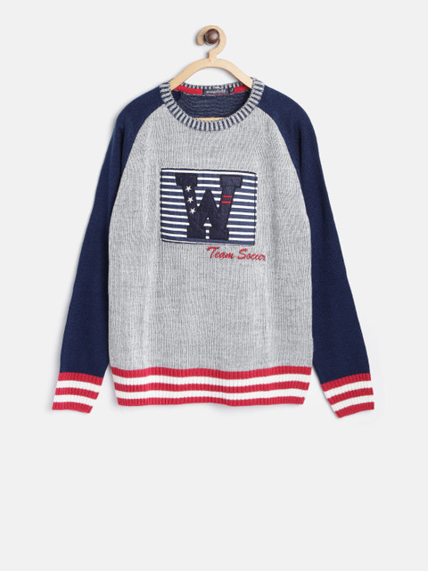 

Wingsfield Boys Navy Blue & Grey Solid Pullover with Applique Detail