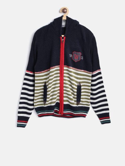

Wingsfield Boys Navy Blue & Olive Green Striped Hooded Cardigan
