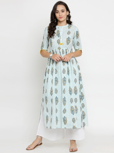 

Varanga White Printed Kurta With White Khadi Palazzo, Blue