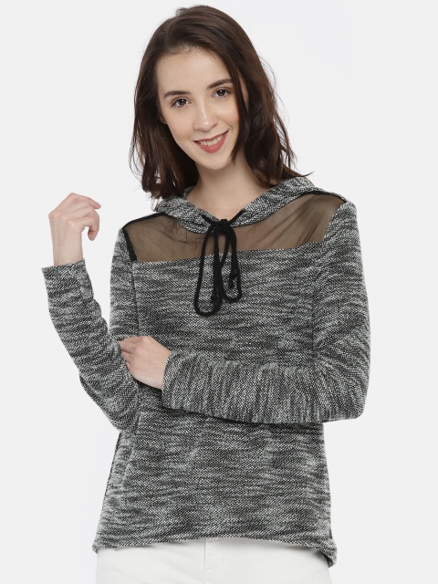 

ELLE Women Black & Off-White Solid Hooded Sweatshirt