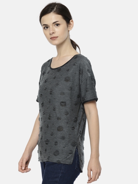 

ELLE Women Grey Self Design Round Neck High-Low T-shirt