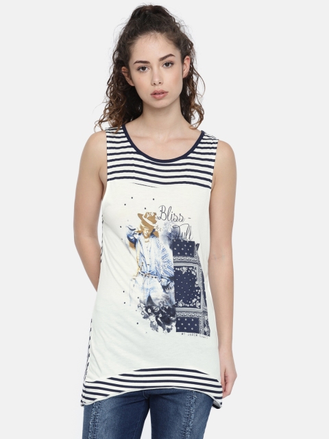 

Elle Women White & Blue Striped High-Low Top