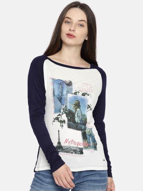 

ELLE Women Navy Blue & Off-White Printed Round Neck T-shirt