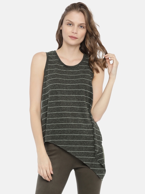 

ELLE Women Charcoal Grey & Off-White Striped Longline T-shirt