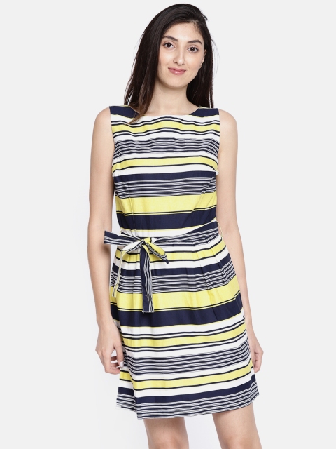 

ELLE Women Navy & Yellow Striped A-Line Dress, Navy blue