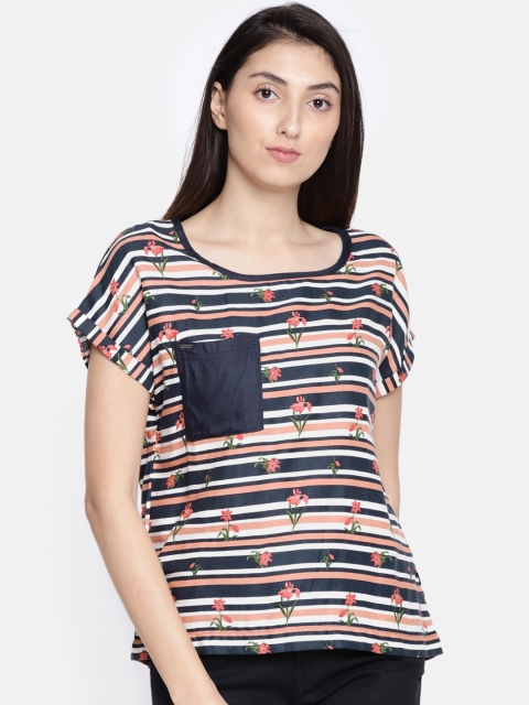 

ELLE Women Navy & Peach-coloured Floral Printed Striped Top, Navy blue