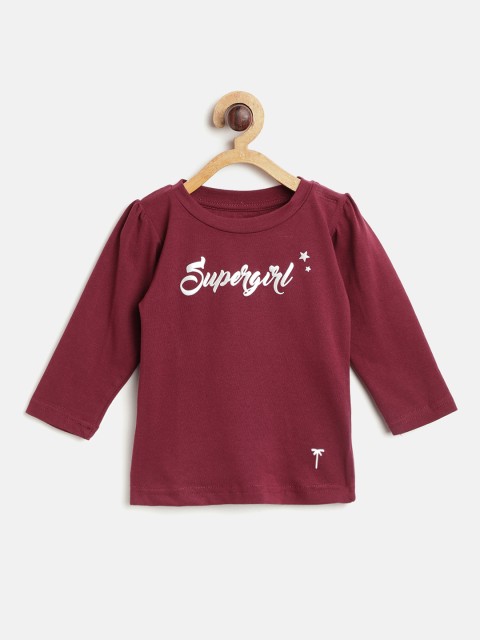 

Palm Tree Girls Maroon Solid Round Neck T-shirt with Printed Detail