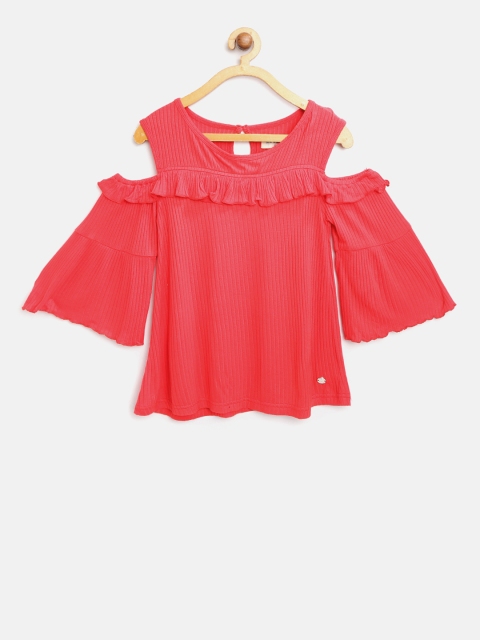 

Gini and Jony Girls Coral Pink Solid Cold-Shoulder Top