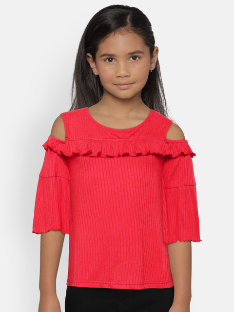 

Gini and Jony Girls Maroon & White Embroidered Top