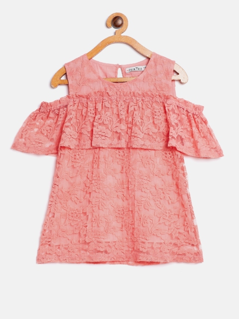 

Palm Tree Girls Coral Pink Lace Cold-Shoulder A-Line Top