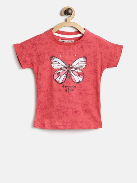 

Palm Tree Girls Coral Red Printed Round Neck T-shirt