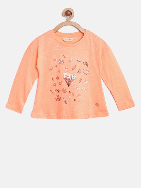 

Gini and Jony Girls Peach-Coloured Printed Round Neck Pure Cotton T-shirt