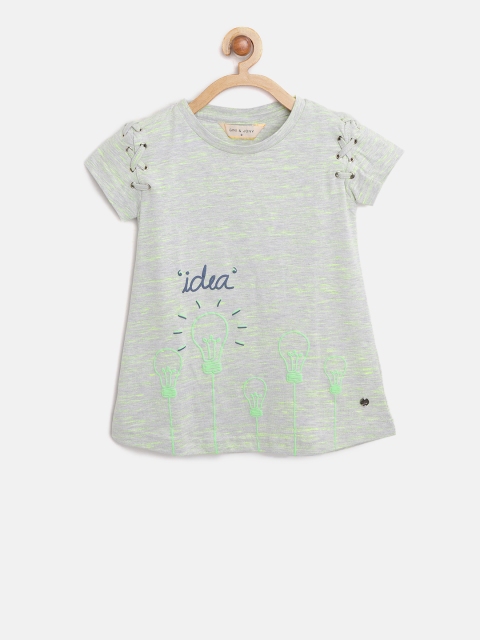

Gini and Jony Girls Grey Melange & Fluorescent Green Printed A-Line Top