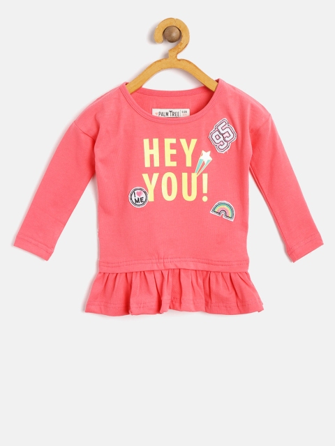 

Palm Tree Girls Coral Pink Printed Top with Applique Detail
