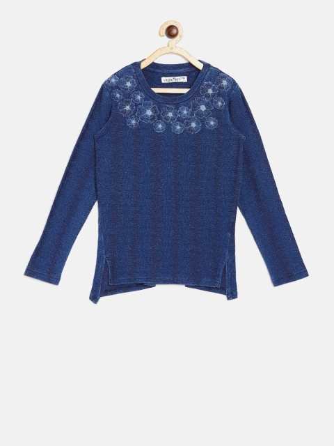 

Palm Tree Girls Blue Self Striped Top with Applique Detail